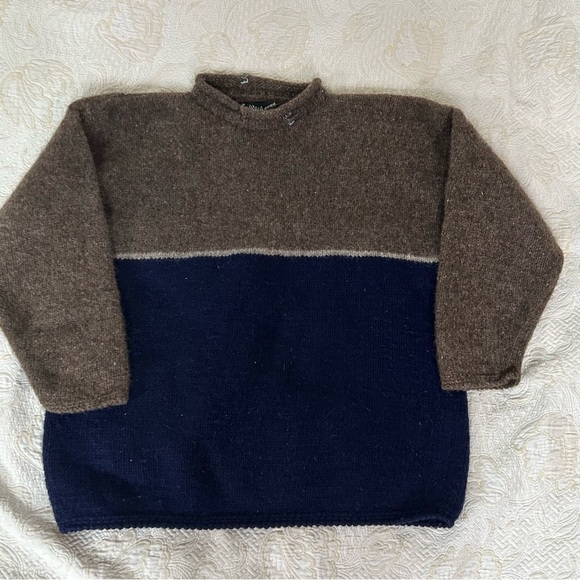 Caravan Ecuadorian 100% Wool Taupe & Blue Mock Neck Sweater Pullover. One Size - Picture 9 of 13